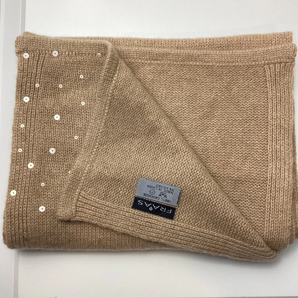 Fraas 100% Cashmere Scarf Camel Tan Sequin Embellished Knit Rectangle Wrap 0089